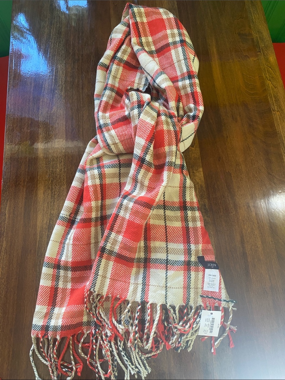 J. Crew Red, Cream and Black Plaid Fringe Scarf